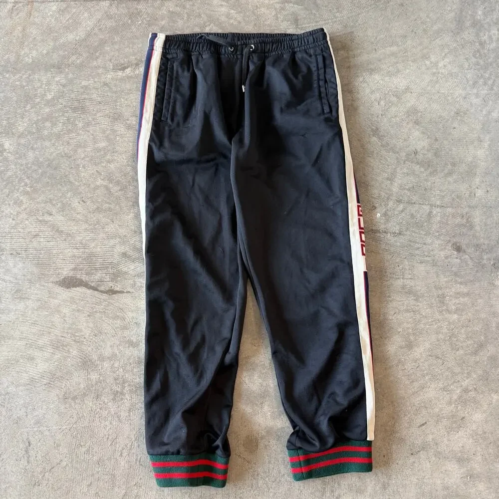 Gucci Mens Web Stripe GG Logo Black Jersey Track Pants Joggers Size XL